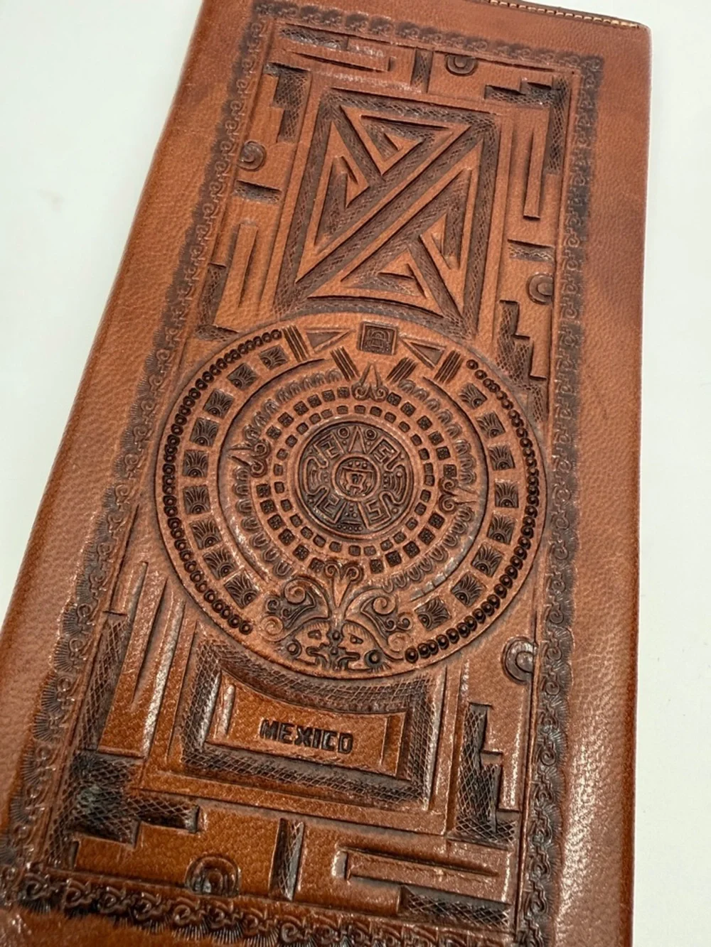 Wallet Vintage CASA ARVE Mexico Tooled Leather Wallet, Aztec Calendar Design